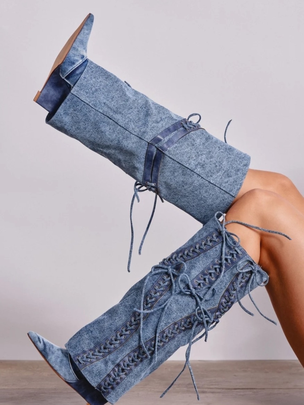 AKIRA Mantigna Denim Lace-Up Knee-High Wedge Boots - Pointed Toe Y2K Style